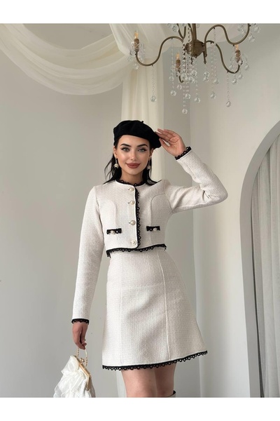 Clothes Fast Women's White Skirt Suit with Round Neck Buttoned Jacket and Tex...