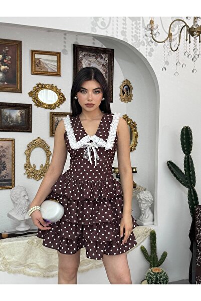 Clothes Fast Women's Coffee Polka Dot Ruffled V-Neck Brooch Detailed Mini Dress