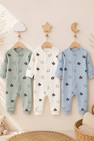 Cloudy %100 Pamuk Teddy Desenli 3'lü Bebek Tulum Seti – Yenidoğan & 0-6 Ay, Y...