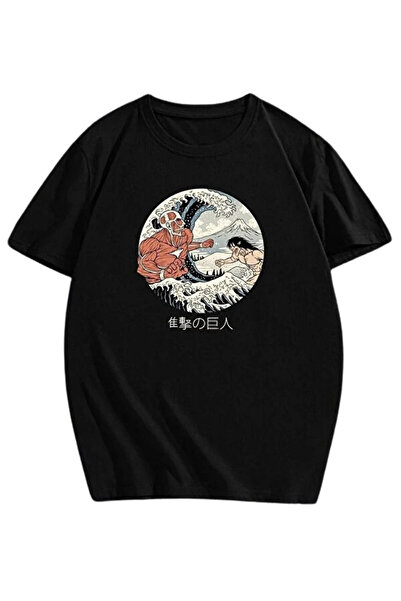 Flubutik Black Anime Atack Print Detail Organic Cotton Knitted Oversize T-Shirt