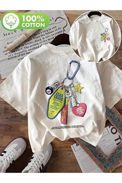 AEMİ Unisex Keychain Printed Oversize Crew Neck White T-Shirt
