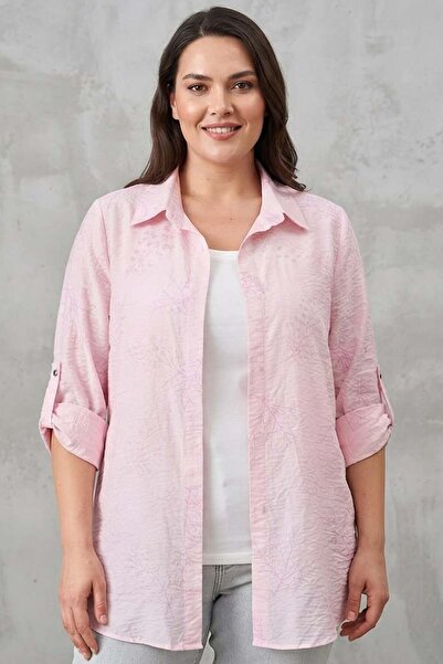 Metpoint Trend42Plus Large Size Self-Floral Patterned Powder Shirt Blouse Dou...