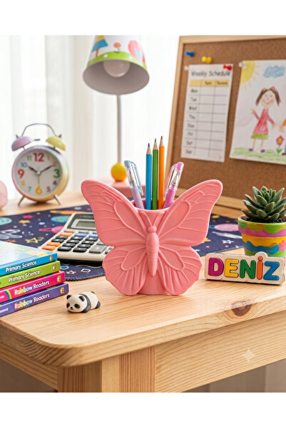 Genel Markalar Kelebek Detaylı Pembe 3D Yazıcı Üretimi Kalemlik ve Masaüstü O...