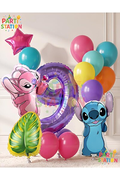 Parti Station Lilo Stitc Balloon and Angel Balloon 9 Years Old 14 Piece Birth...