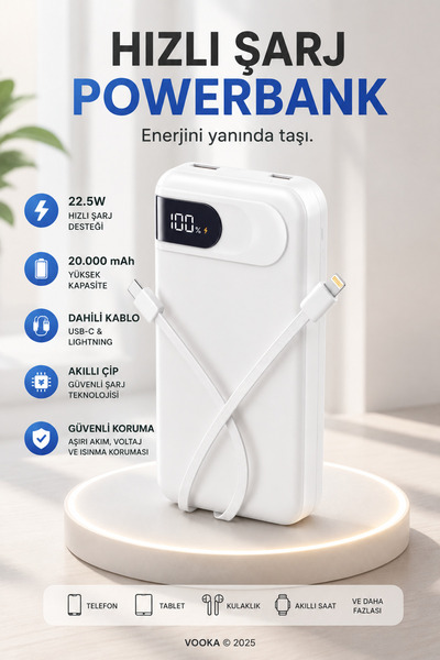 MO DOU 22.5W Hızlı Şarj 20.000 mAh Powerbank Dahili USB-C & Lightning Kablolu...