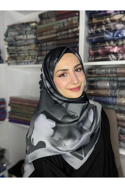 120x120 Büyük Boy Vual İpek Eşarp Sonbahar Esintisi Siyah Gri