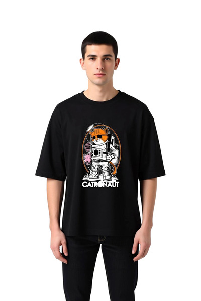 PayBuy Men's Oversize Astronaut Cat Printed T-Shirt 100% Cotton Relaxed Fit G...
