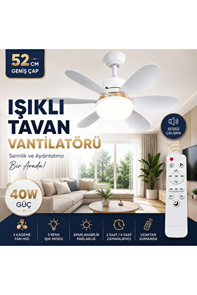 SMAYLİNG Işıklı Tavan Vantilatörü 52 Cm 40W Uzaktan Kumandalı 3 Kademeli Hız ...