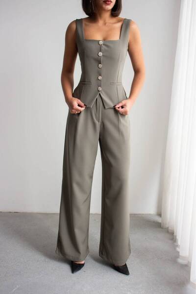 NEW JOURNAL Women's Khaki Stone Button Detailed Corset Vest Double Suit Nh265844