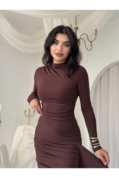 Moda Days Women's Coffee Color Long Sleeve Draped High Collar Slit Detailed L...
