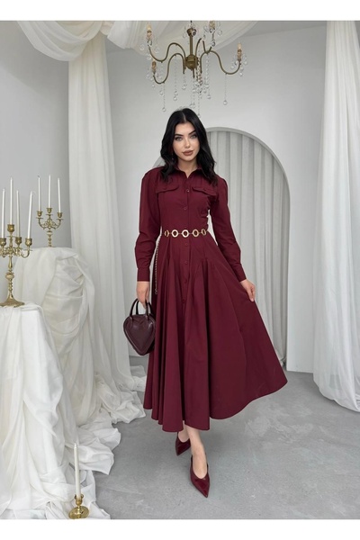 Clothes Fast Women's Burgundy Poplin Shirt Collar Long Sleeve Buttoned Cover ...