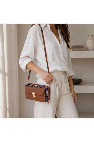 BIJUTERI Cnt-6006 Tan Navy Blue Paisley Patterned Tapestry Crossbody Wallet Bag |   Eos Collective