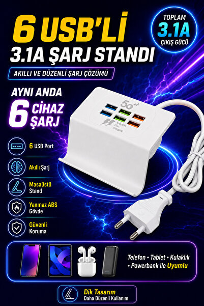 nelerbulurum Tüm Cihazlara Uyumlu 3.1 amper Hızlı Şarj Adaptörü 6 ADET USB Gi...