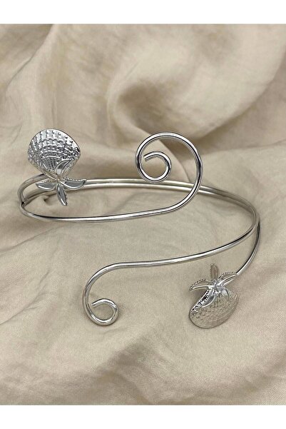 Hedef Bijuteri Silver Detailed Starry Sea Shell Model Adjustable Arm Pazu Bra...