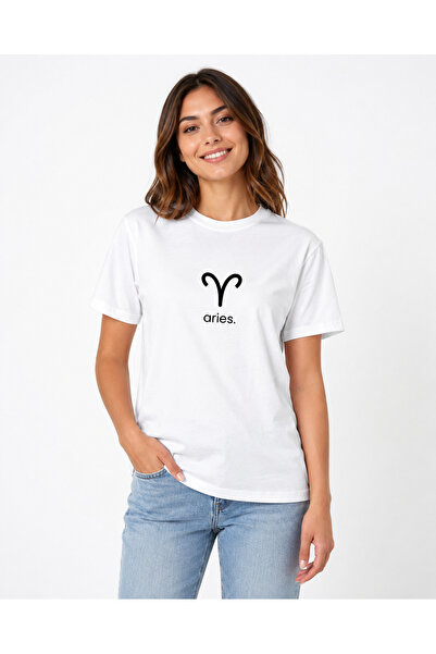 İDEAL REKLAM Aries Zodiac Sign T-Shirt Aries Symbol Printed White Short Sleev...