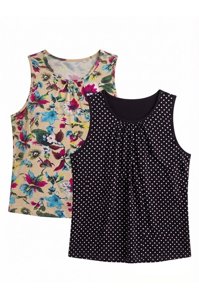 Flubutik 2-Piece Large Size Viscose Strap Blouse Colorful+Black Dot Pattern