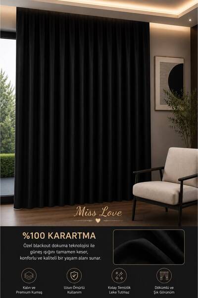 MISS LOVE Lüks A. Sınıf Özel Dikim Siyah Blackout %100 Işık Geçirmez Fon Perd...