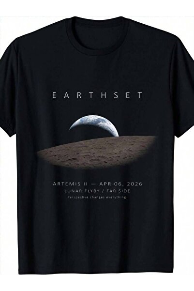 21JNRY تي شيرت رجالي Earthset Artemis II Space بتصميم بسيط مطبوع عليه القمر و...