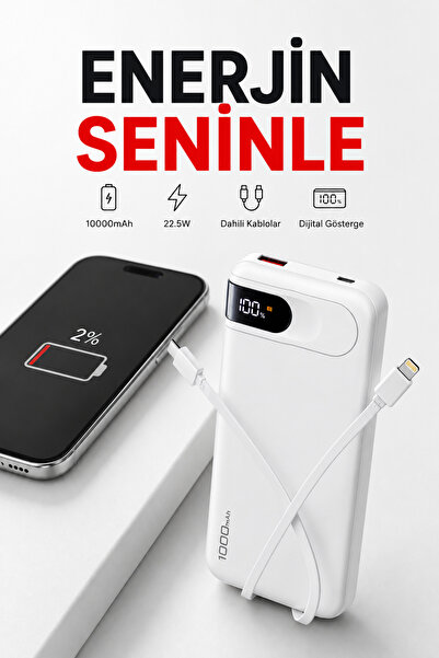 MO DOU 10.000 mAh Powerbank Dahili Lightning & Type-C Kablolu Dijital Gösterg...