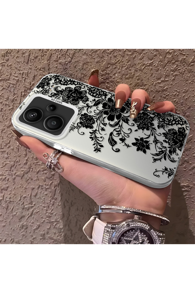 CHICASELUX Redmi Note 13 Pro Plus+ 5G Uyumlu Zarif Siyah Dantel Çiçek Desenli...