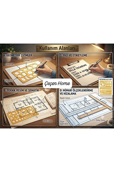 ÇEÇEN HOME (4Adet) Cetvel Seti: Geometrik şekiller, harf şablonları ve ölçekl...