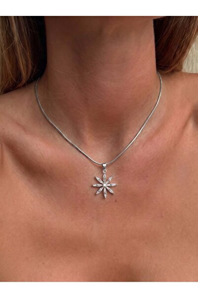 Eylülün Takısı Women's Silver Color Stone Flower Steel Necklace