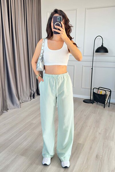 Clothes Fast بنطلون نسائي طويل من الكتان الأخضر النعناعي برباط وخصر مطاطي واس...