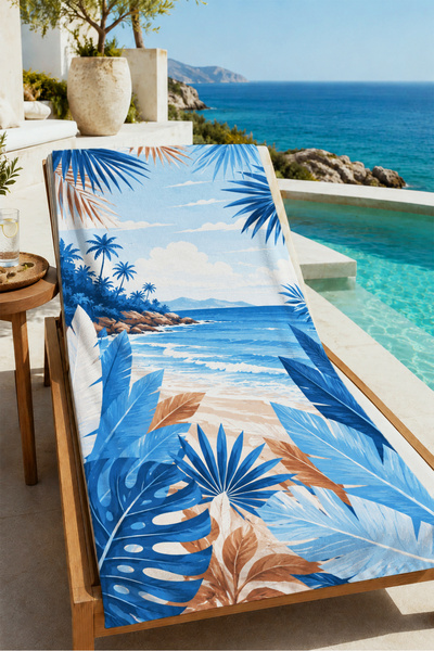 Evmila Retro Blue Beige Tropical Palm Tree Beach Towel with View of the Coast...