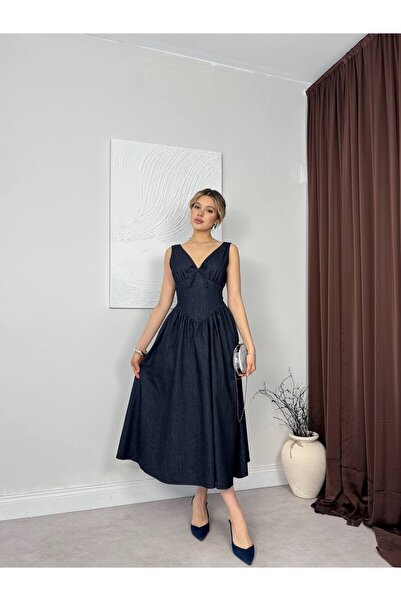 Moda Days Women's Navy Blue V-Neck Bow Detailed Sleeveless Denim Look Midi Fl...