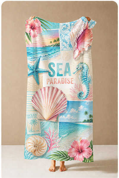 Evmila Prosop de plajă 70x150 cu model Pastel Sea Shell, Sea Horse și Sea Par...