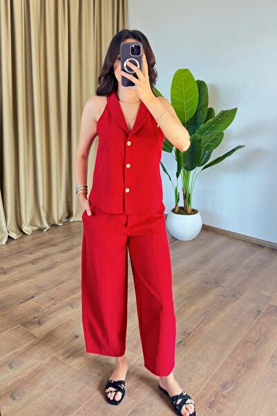 Clothes Fast Women's Red Top and Bottom Set Linen Vest Pants Set Buttoned Jac...