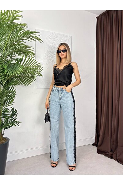 Moda Days Women's Blue High Waist Lace Ribbon Detailed Denim Straight Leg Lon...