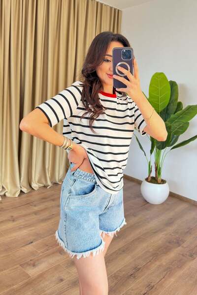 Clothes Fast Women's White Striped Crew Neck Short Sleeve Regular Basic T-Shirt
