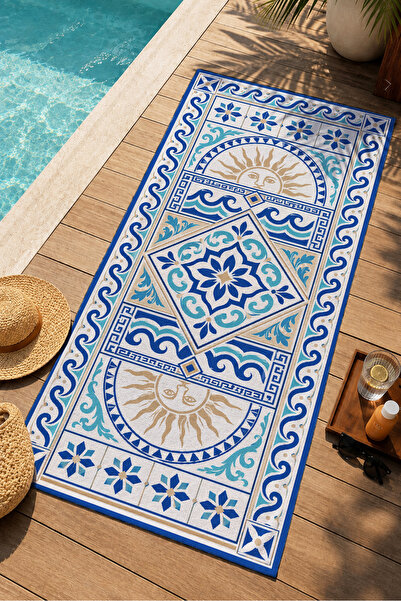 Evmila Mediterranean Blue and White Tile Sun Wave Patterned 70X150 Beach Towe...