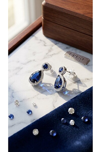SR Jewelry Box 💙 Lacivert Damla Taşlı Zirkon Detaylı Silver Küpe – Zarif Kad...