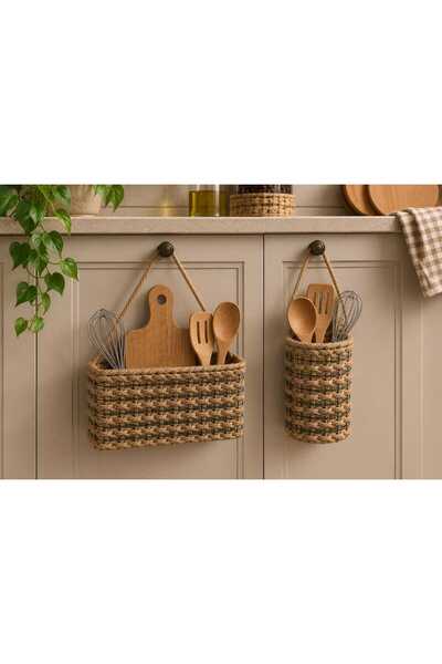 Egindra Metal Wire Jute Wicker 2-Piece Kitchen Organizer Set, Spoon Holder an...