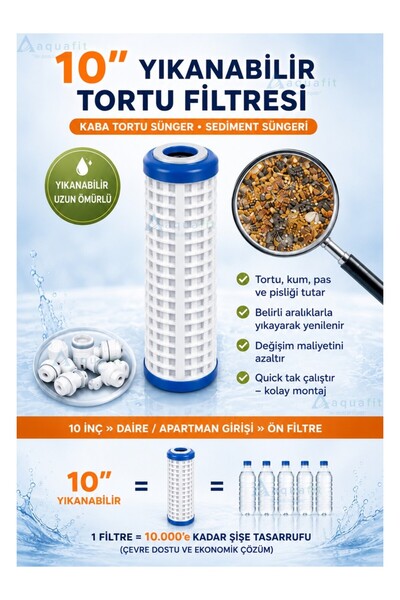 aquafit Bina Daire Girişi Su Arıtma 3'lü Yedek Filtre Seti 10 İnç – Yıkanabilir Blok Karbon ve Silifoz Kireç Önleyici Filtre