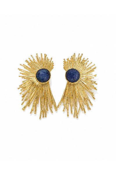 Lapis Lazuli Taşlı Güneş Tasarım Gold Kaplama Pirinç Küpe