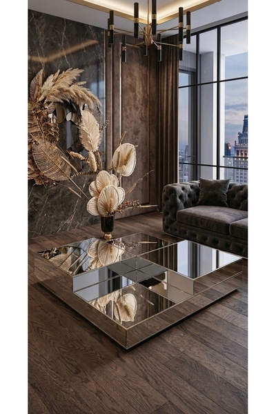 LUXURY VİLLA LUXURY KOMPLE GÜMÜŞ AYNALI TEKERLEKLİ DEKORATİF ORTA SEHPA 90x90...