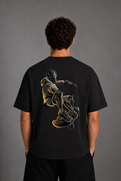 VSRN Skateboarder Robot Design Back Printed Black Oversize t Shirt
