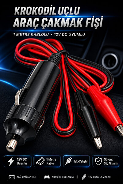 nelerbulurum 12 Volt 1 Metre Krokodil Uçlu Çakmaklık Adaptör Kablosu Güç Kablosu