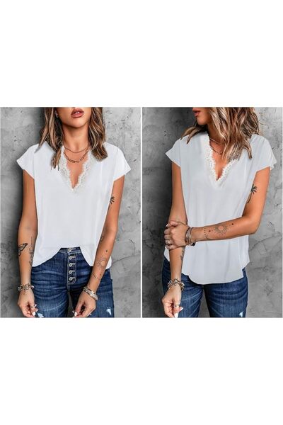 Limeart lime flare Dressy Eyelash Lace Trim Shirt Short Sleeve Blouse