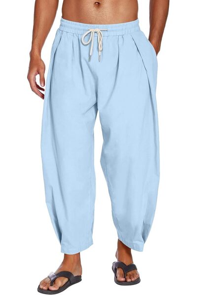 COOFANDY Men's Cotton Linen Harem Pants Drawstring Casual Cropped Trousers Li...
