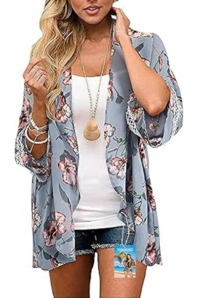GENERAL Womens Cover Ups Chiffon Floral Print Kimono Loose Shawl Cardigan Boh...