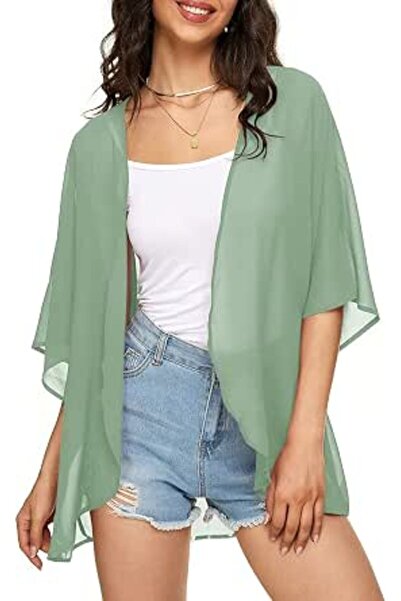 Indian's Women's Solid Puff Sleeve Kimono Cardigan Loose Cover Up Casual Blou...