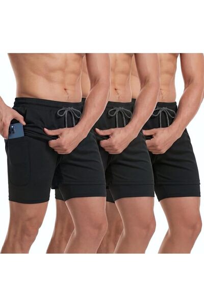 Sureio 3 Pcs Men's 2 in 1 Workout Running Shorts Athletic Gym Shorts with Lin...