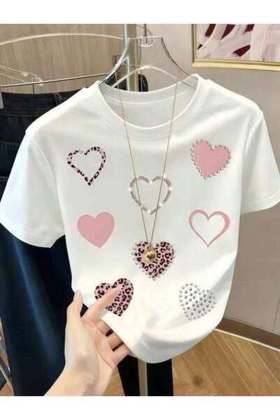 23ERVA 1pc Women' S Leopard Heart Print White TShirt, Crew Neck, Casual Cotto...