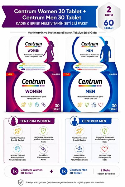 Centrum Women 30 Tablet + Men 30 Tablet – Kadın & Erkek Multivitamin Seti 2'l...