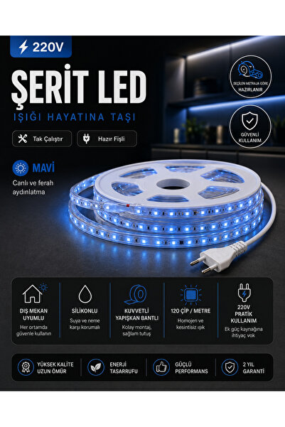 KOMPLİKE 220V Mavi Tak Çalıştır Fişli Esnek Led Şerit - 1-20 Metre - 120 Çipl...