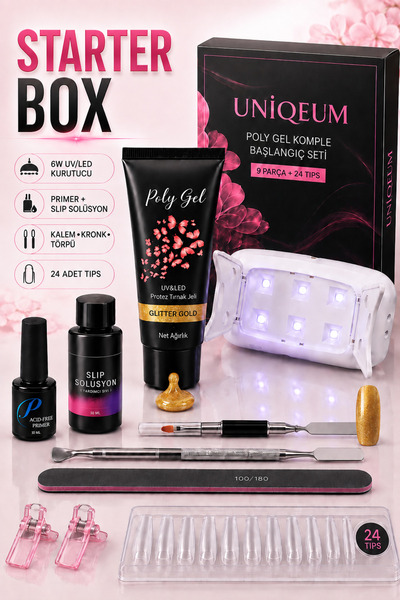 Uniquem Poly Gel Tırnak Uzatma Jel Glitter Gold Oje Starter Box 9 Parça + 24 ...